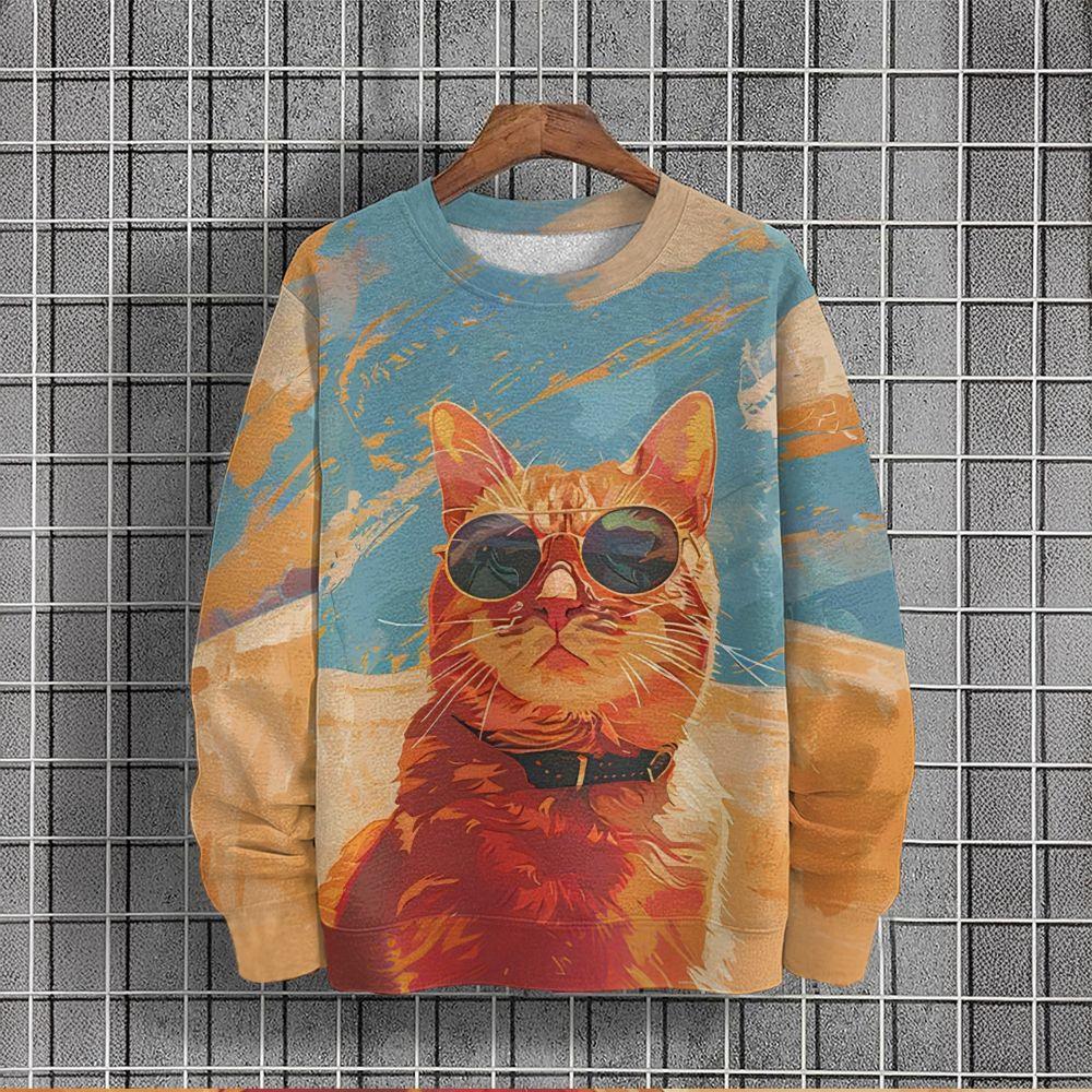 Animal Sweatshirt For Men Sunglasses Cat Graphic Long Sleeve Printed T-Shirts Casual Outdoor Streetwear Oversized Men's Clothing