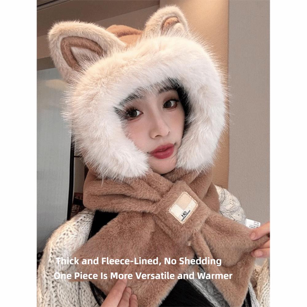 Keep Warm Hooded Scarf for Women 2-in-1 Winter Plush Scarf Cute Hat Scarf Autumn Winter