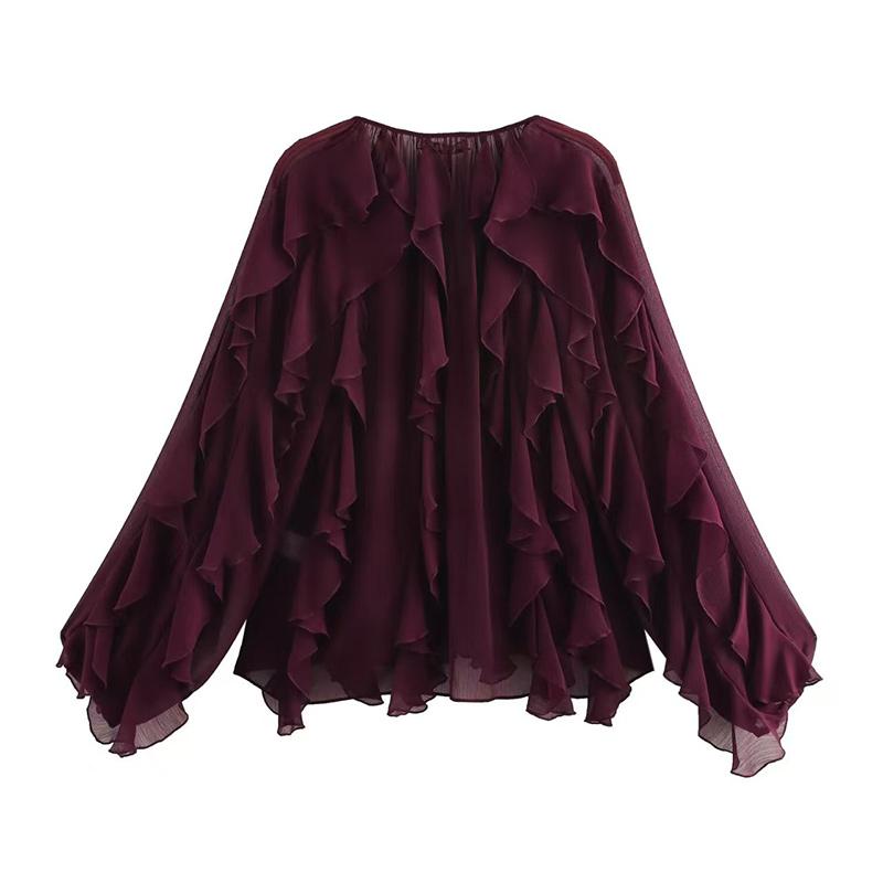 Chic Chiffon Ruffled Shirt Women Elegant Loose V-neck Long Sleeve Shirts Female 2025 Spring Vacation Street Lady Blouse Tops