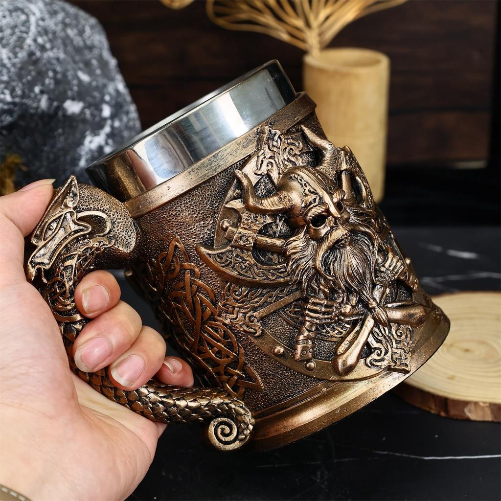 600ML Medieval Valhalla Viking Stainless Steel Nordic Viking Barrel Dragon Boat Warrior Horn Skull Beer Mug Beer Coffee Cup