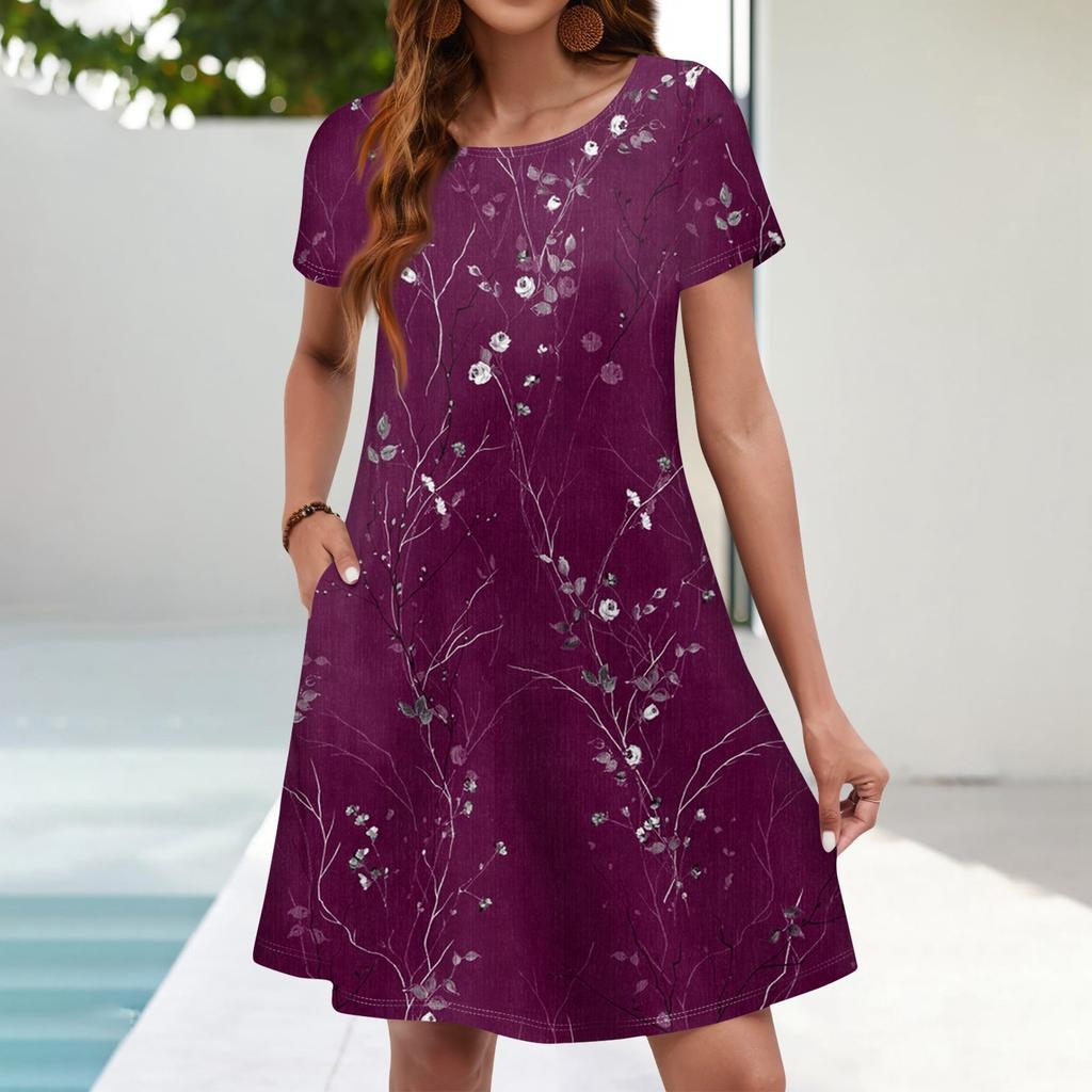 Summer Dresses For Women Beach Floral Sundress Short Sleeve Pockets Casual Tshirt Dress