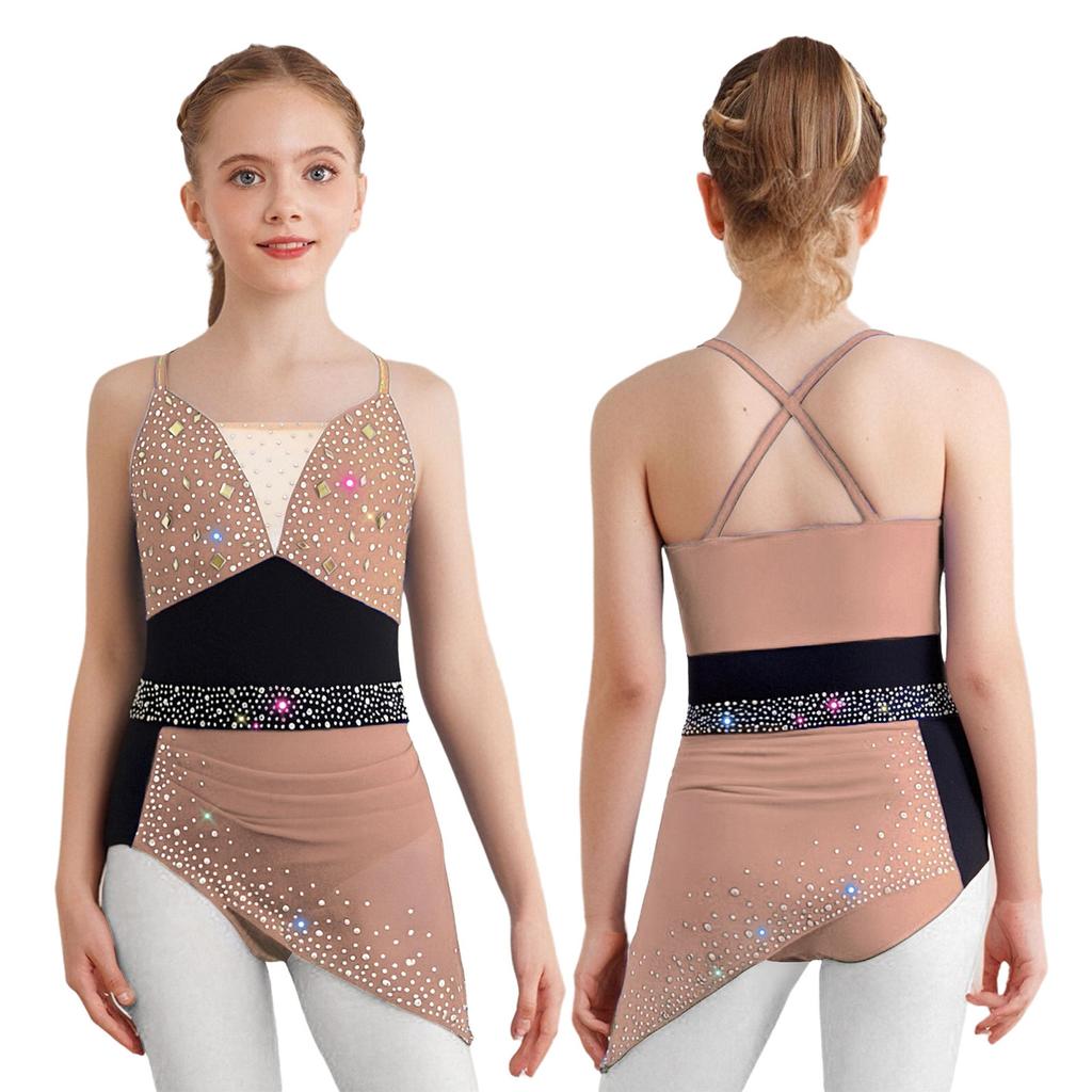 Платье для танцев для девочек с перекрещенными бретелями-спагетти на спине, цветной блок, сверкающие стразы для фигурного катания