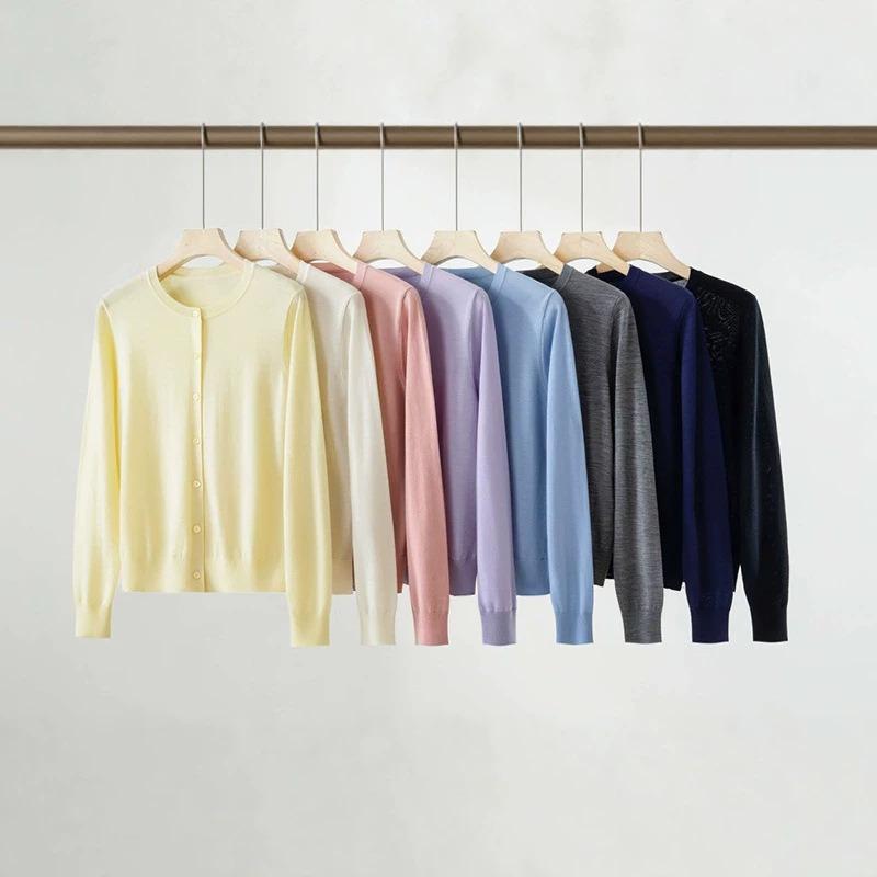 Fine anti-pilling high-count worsted all-wool light round neck long-sleeved knitted cardigan women's, autumn and winter