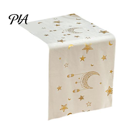Holiday Home Accessories Eid Mubarak Table Runner, Ramadan Gold Moon Stars Tablecloth, Islamic Happy Pattern Linens Rectangular Cloth for Dining Party