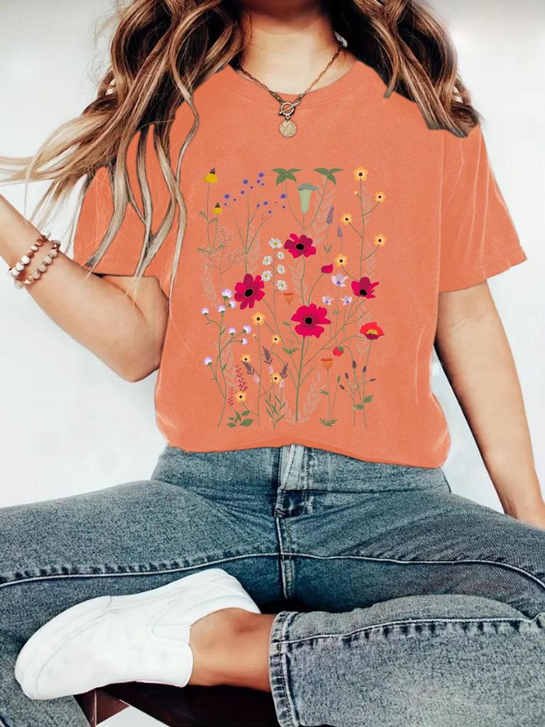 Floral Print Round Neck Short Sleeve Women's Summer T-Shirt