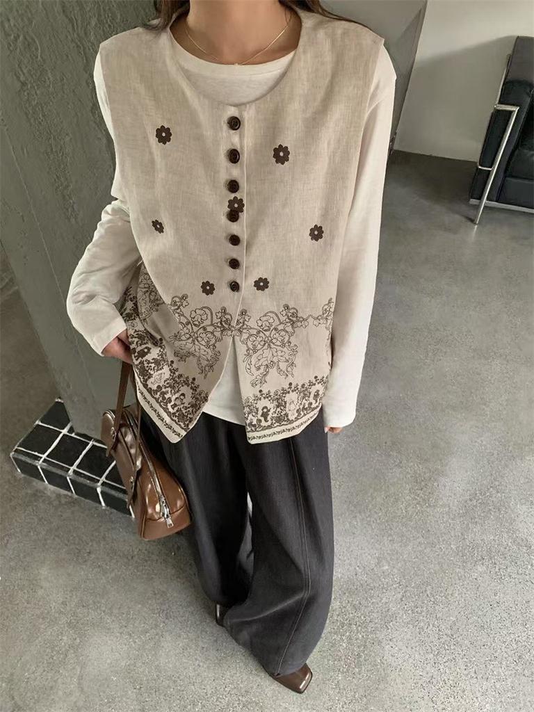 Johnature Bohemian Round Neck Printed Loose Vest For Women Versatile Casual Sleeveless Coat