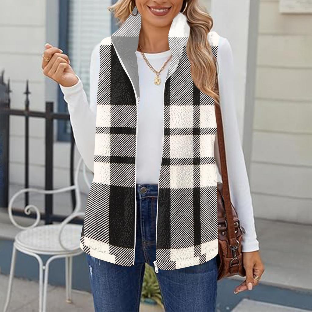 Women's Checked Print Fashionable And Warm Fleece Cardigan Vest Jacket