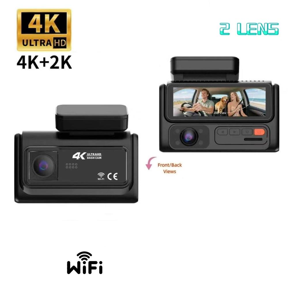 4K 2/3-объективная видеорегистратор, WiFi, Ночное видение, Синхронизация с телефоном, 24-часовой мониторинг парковки