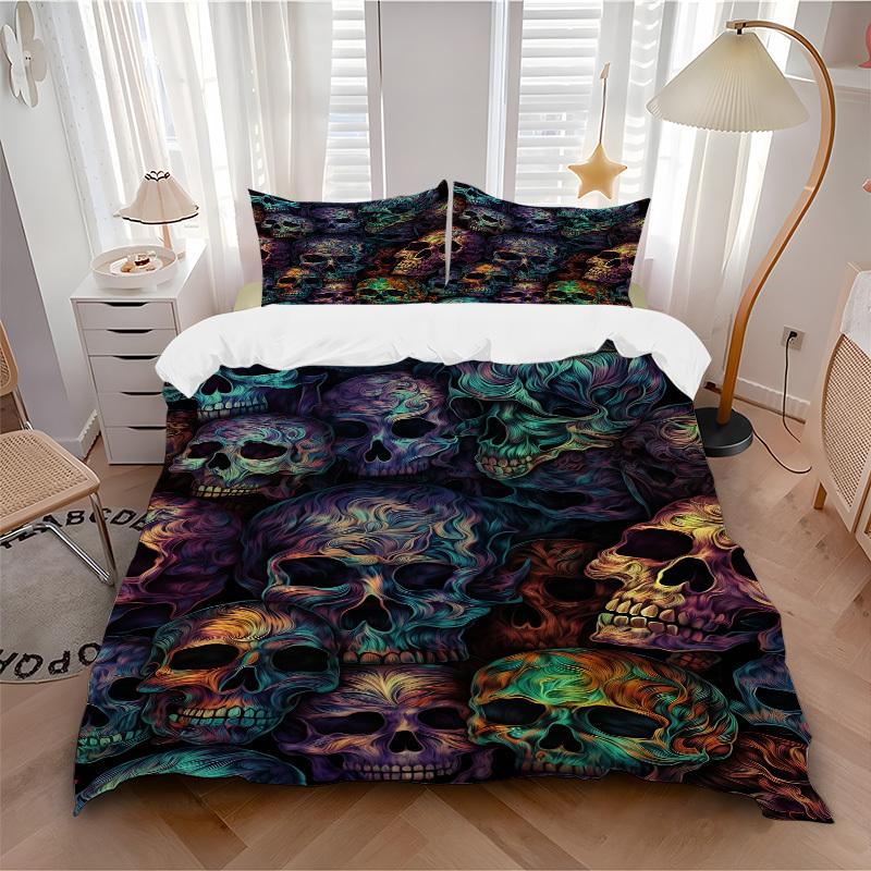 3pcs Skull Festival Bedding Set, Includes 1 Comforter + 2 Pillowcases, Without Pillow Inserts, Soft Comfortable, Lightweight Breathable096