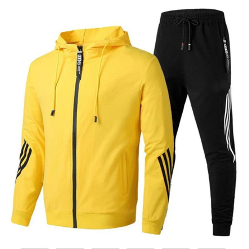 Men's Casual Sports Suit Three Bars Hooded Zipper Hoodie Long Pants Sports Suit