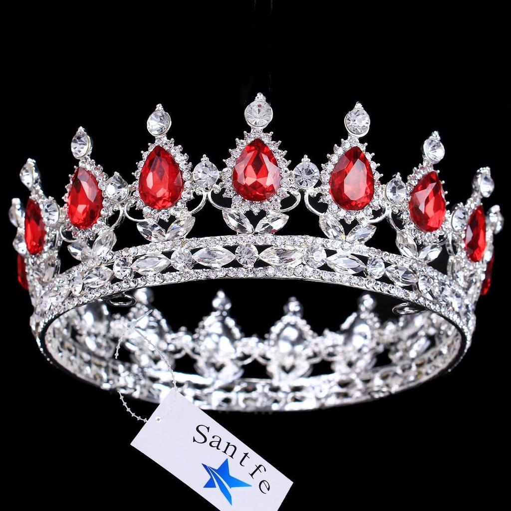 2" Height Silver/Gold Plated Crystal Rhinestone Ruby Full Circle Tiara Crown Bridal Wedding Jewelry Hair Accessories (Silver+red)