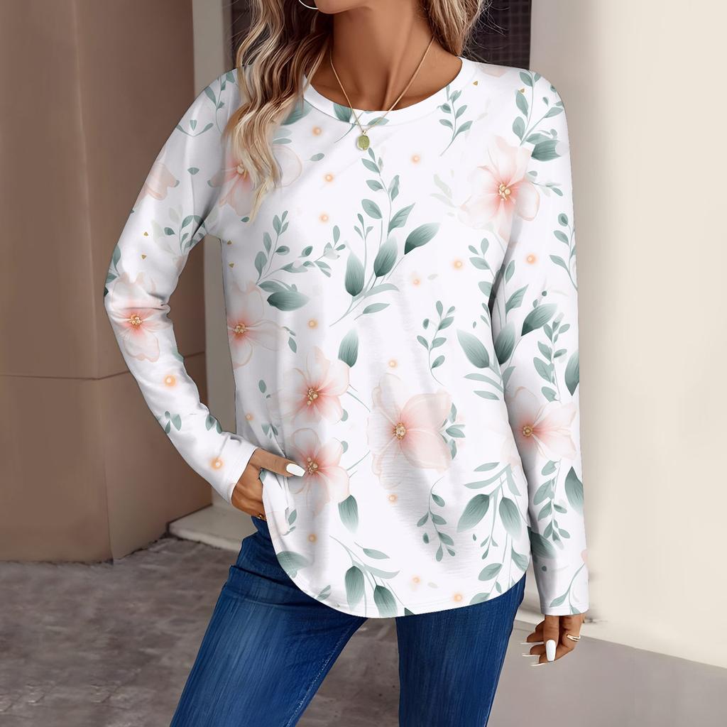 Women's Fashion Casual Long Sleeve Floral Print Round Neck Top