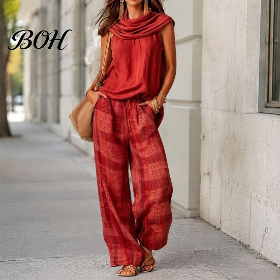Loose Fit Summer Clothes Women Top Pants 2-Piece Set, Ruffle Mock Neck Sleeveless Two Piece Sets & Plaid Wide Leg Pants, Vintage Casual Outfit