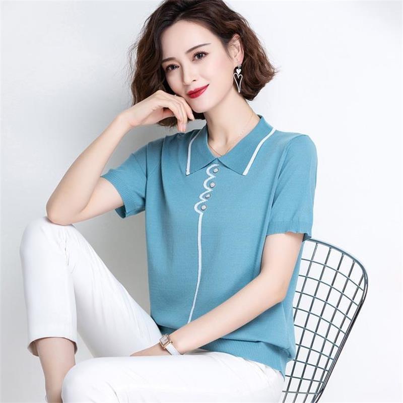 Женская трикотажная рубашка с коротким рукавом и кукольным вырезом, универсальная, модная, повседневная, большого размера, летняя, тонкая