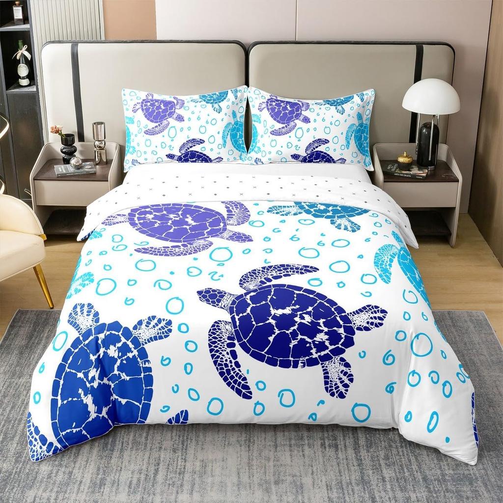 Turtle Bedding Set Microfiber Teen Bedding Light Blue Cute 3D Set for Small Double 3Pcs, Turtle Duvet Cover Set with Zipper
