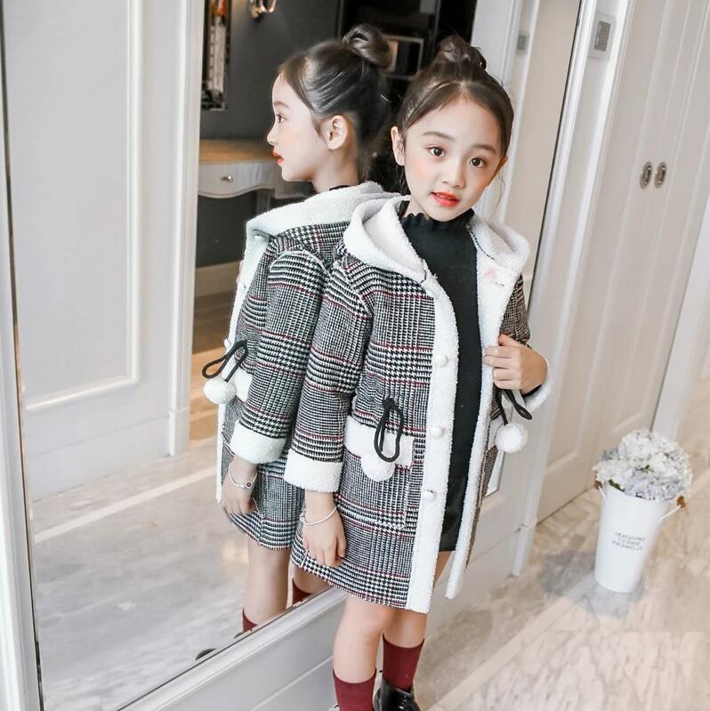 FiveFive Fashion Design Autumn Winter Parka Girl Hairy Clothes Long Woolen Coat for Kids Outerwear Grid Pattern Padded Warm Clothing