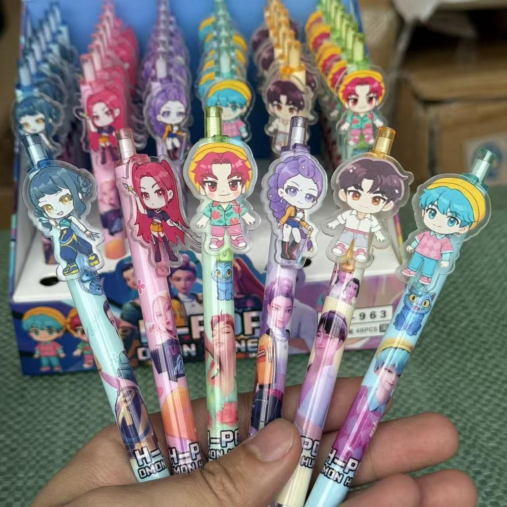 Kawaii Kpop Demon Hunters Gel Pen 0.5mm Black Ink Retractable Pen with Acrylic Patch Cute Aesthetic School Supplies for Students