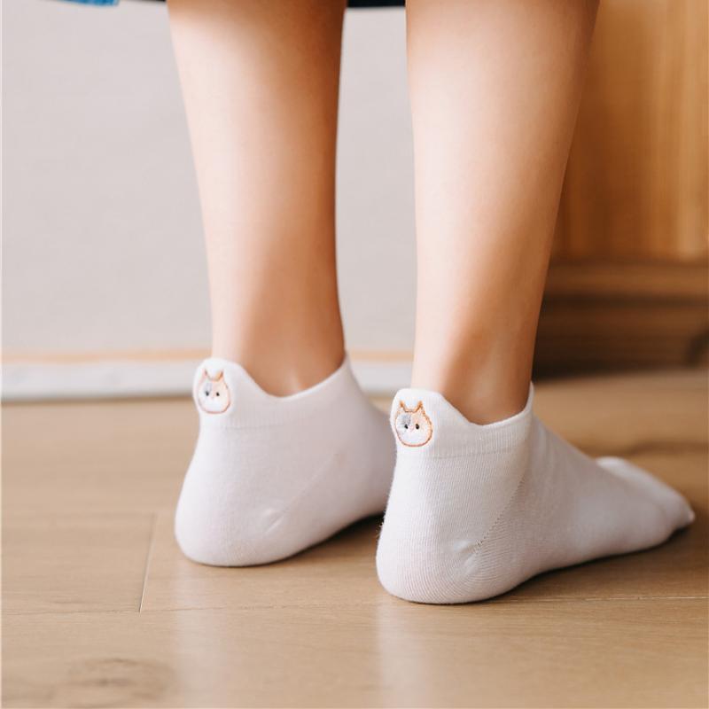Женские хлопковые носки с милой кошкой и вышивкой ярких цветов, женские повседневные носки