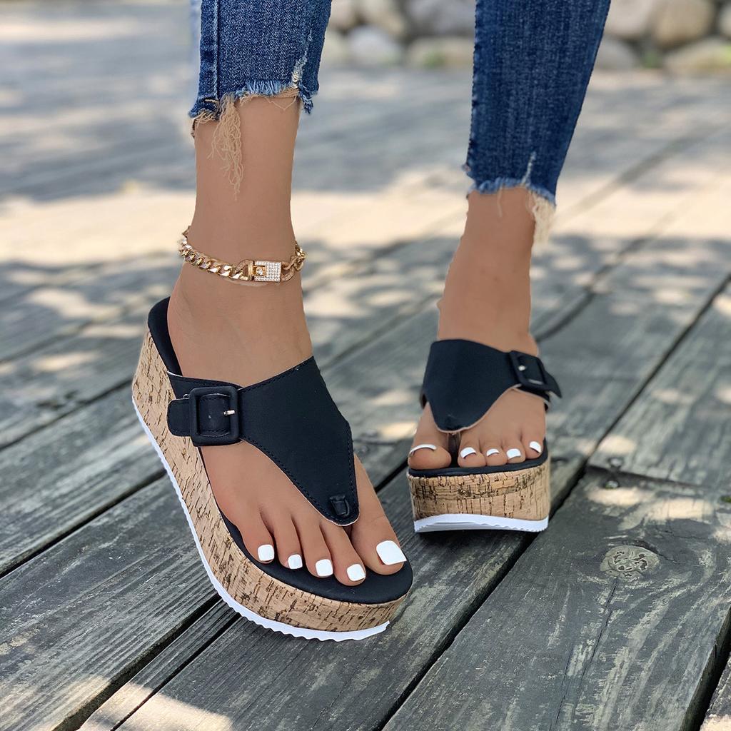 2025 new large size toe solid color platform slippers independent station slope heel women's buckle fish mouth flip-flops
