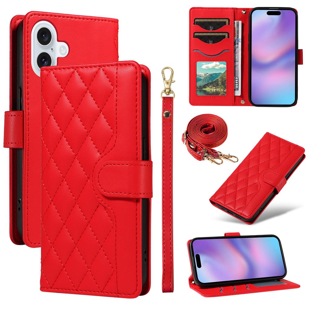 For iPhone 17 Wallet Case Rhombus Leather Phone Cover with Strap