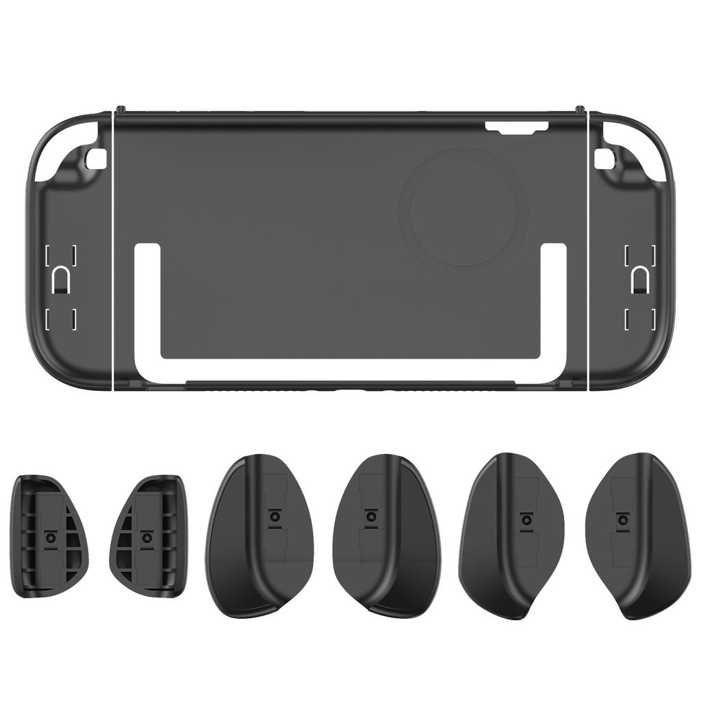 Switch 2 Transparent Case with 6 Interchangeable Grip Covers (3 Thickness Sets) - Anti-Slip Texture, Magnetic & Dock Compatible