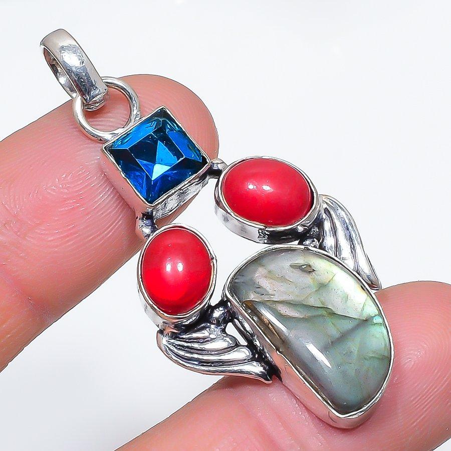Natural Labradorite, Coral 925 Sterling Silver Jewelry Pendant 2.05" J8v70