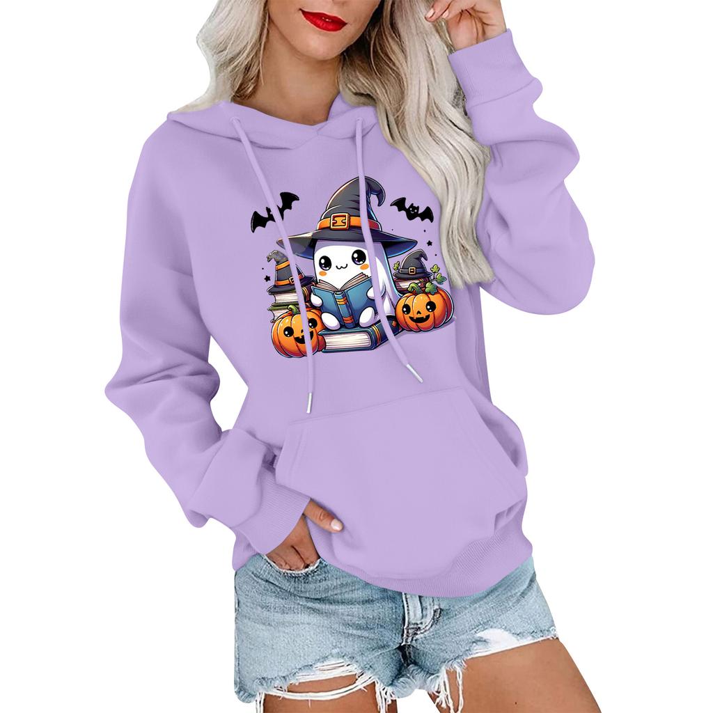 Женский модный, повседневный, удобный свитер с круглым вырезом, капюшоном, длинными рукавами и принтом на Хэллоуин