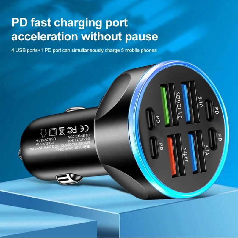 Fast Charging 8 Port Car Charger 100W PD QC30 USB C Power Adapter for Long Distance Travel