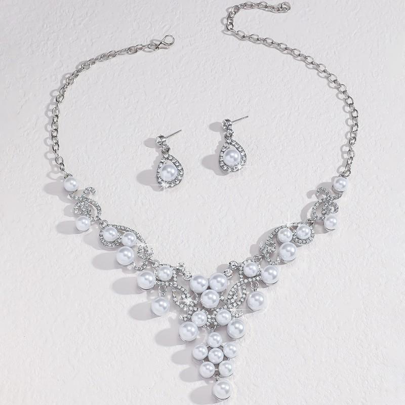 Womens Alloy Short Necklace Earring Set With Pearl Flower Rhinestone Geometric Design Gold Champagne