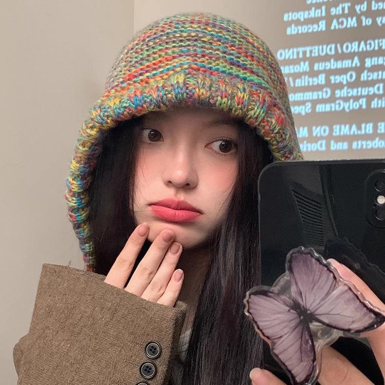 Rainbow gradual change wool hat women's autumn and winter face small bag hat retro wind fringe color warm knitted hat