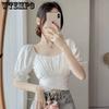 Short Bubble Sleeve Bow Bandage Shirts Female Summer Chic Casual Tops Women French Style Square Collar Solid Slim Cropped Tops