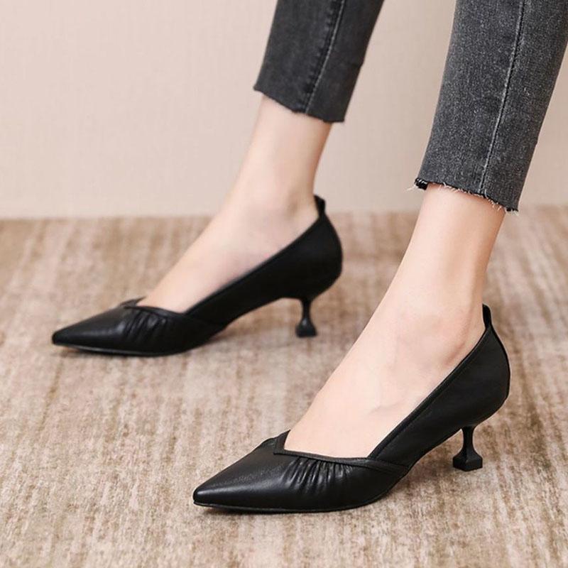 WTEMPO Solid Color High-heeled Shoes Women's Spring and Autumn Thin Heel Pointed Toe Pleated Soft Leather Soft Sole Middle Heel Breathable Shoes