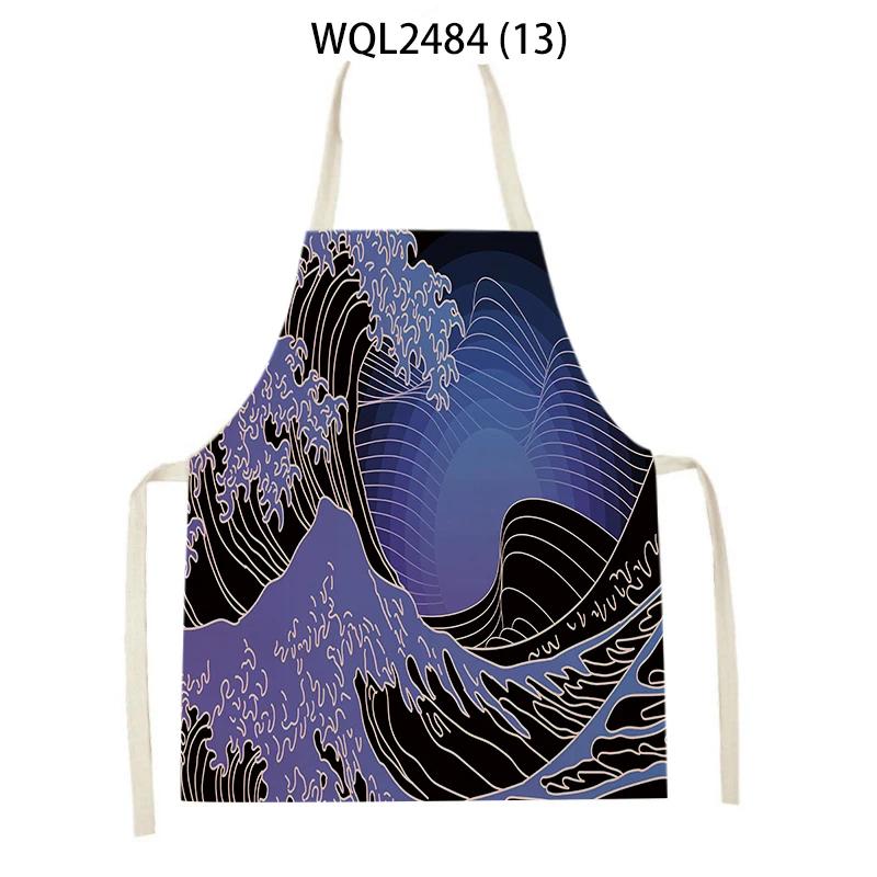 Japanese Style Kitchen Waves Sunrise Print Aprons for Women Linen Pinafore Bibs Household Cleaning Home Cooking Apron