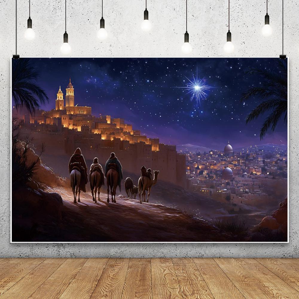 Christmas Birth of Jesus Backdrops Gothic Architecture Holy Night Camel Pilgrimage Christ Nativity Scene Photo Background Studio