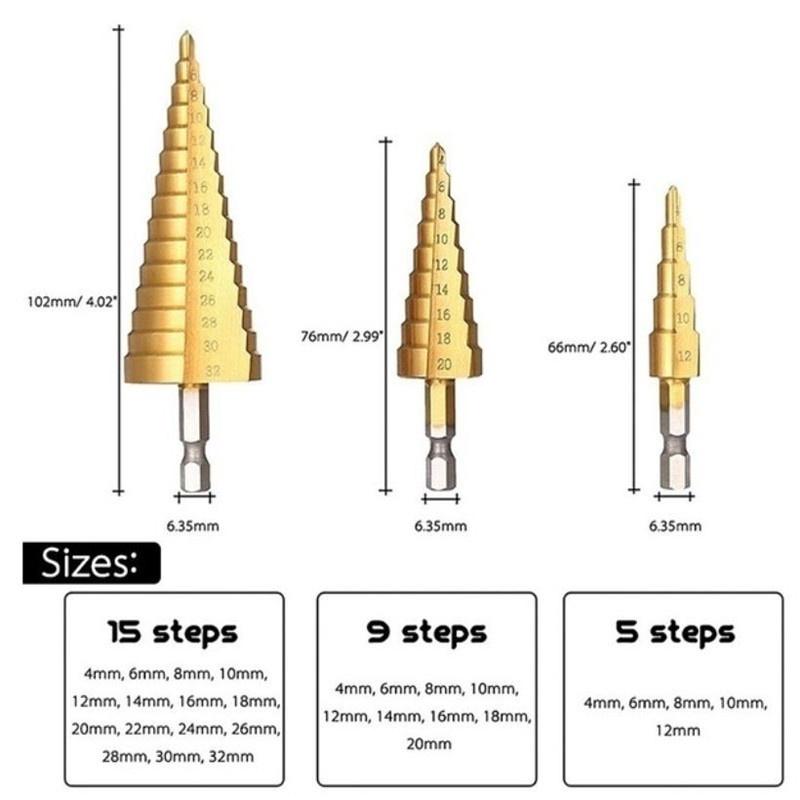 Набор из 1 шт. HSS с титановым покрытием, шестигранный хвостовик, ступенчатое конусное сверло для металла, дерева, сверла, режущие инструменты