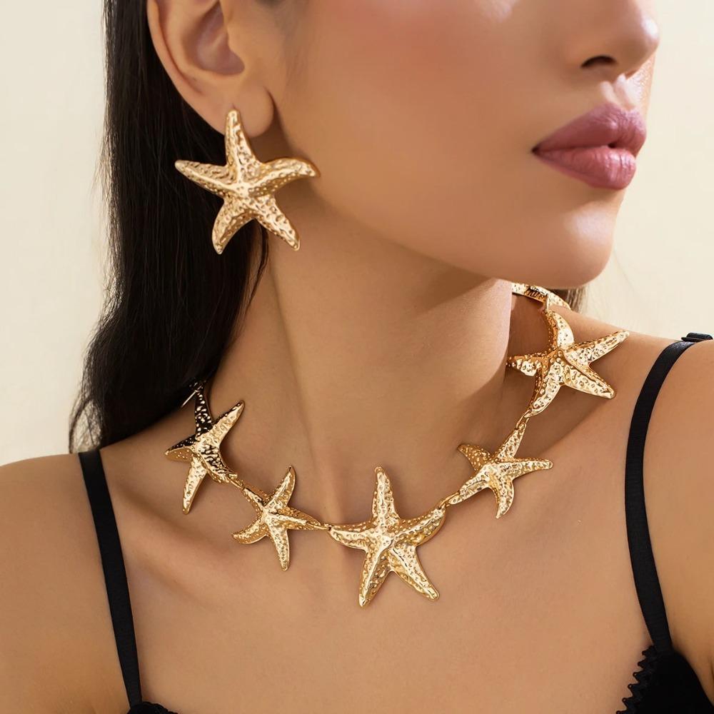Punk Big Starfish Star Pendant Metal Stud Earrings Fashion Choker Necklace  for Women Gift