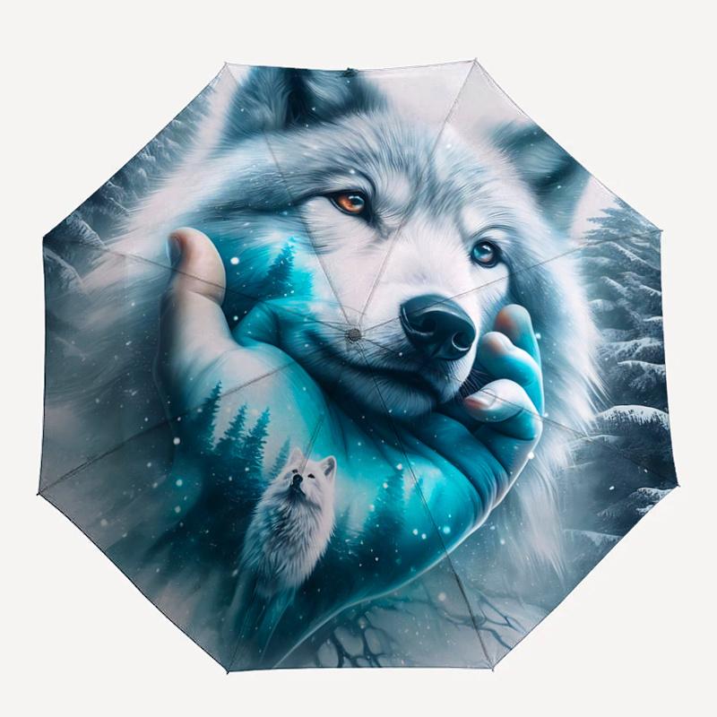 1pc Wolf amidst Snowy Forests Pattern Automatic, 8 Iron Frames, High-Value Folding Umbrella, Suitable for Office, Travel and Outdoor Adventure.C015