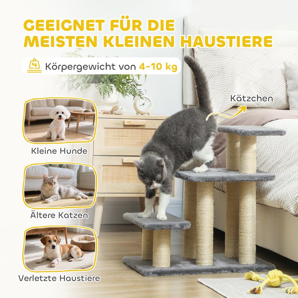 Dog Steps for Bed, 3 Step Adjustable Pet Stairs for Sofa with 6 Sisal Scratching Posts for Small Dogs & Cats, Grey