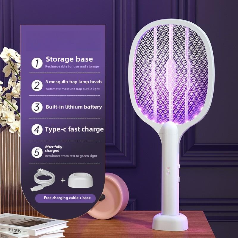 New 2-in-1 electric mosquito swatter with storage base,rechargeable,fly,bat,insect,use for home office,backyard,terrace camping