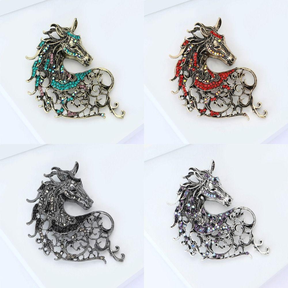 Vintage Rhinestone Horse Head Brooches Casual Metal Badge Pin Zodiac Animal Pins for Women