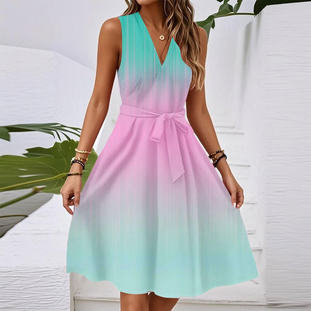 Женское весенне-летнее повседневное миди-платье без рукавов с V-образным вырезом, приталенное, с градиентным принтом