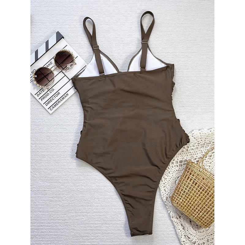 Sexy Coffee Hollow Out One Piece Swimsuit Summer New Backless High Leg Cut Swimwear Women Beach Bath Suit