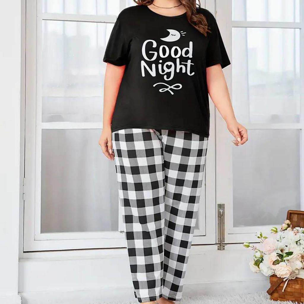 Комплект женской пижамы больших размеров 2024 - Полосатые клетчатые брюки и топ с водяным знаком