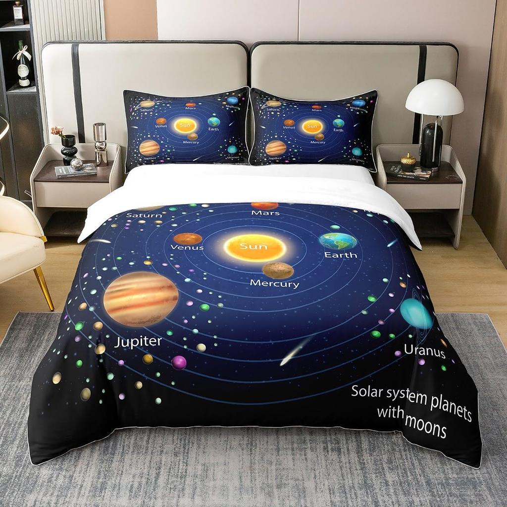 Комплект постельного белья «Космос», Детский, Покрывало с рисунком Солнечной системы, Вселенная, Планеты, Пододеяльник, Астрономия, Млечный Путь