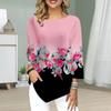 Women's Three Quarter Sleeve Round-Neck T-Shirt Loose Shirts Casual Colorful Rose Print Tee Tops