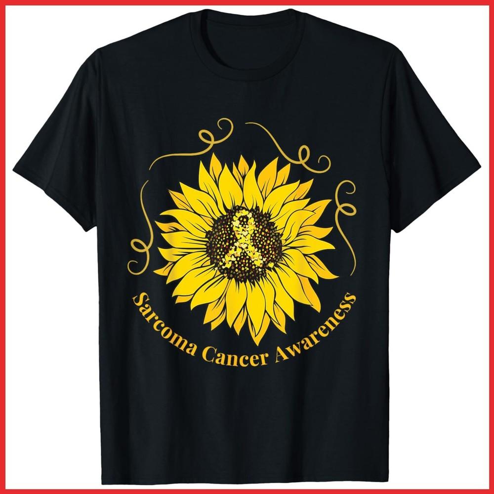 Sarcoma Cancer Awareness Sunflower Yellow Ribbon Support Black Cotton T-Shirt Unisex T-Shirt