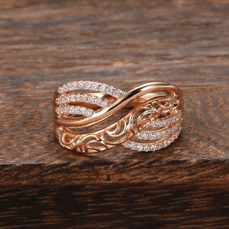 Luxury Rose Gold Ethnic Bride Wedding Ring Hollow Flower Natural Zircon Women Rings Trend Daily Vintage Jewelry