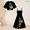 Женский Комплект из Двух Частей Большого Размера Платье с V-образным Вырезом Рукава Летучая Мышь Короткий Кардиган на Бретельках Расклешенное Платье Цветочный Принт с Бабочками Черный Розовый