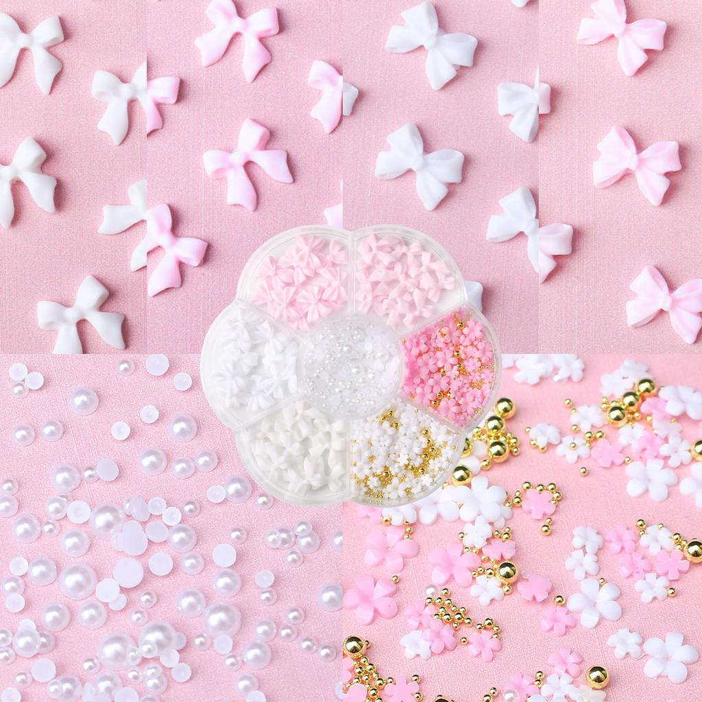 1box 3D Flower Bow Nail Art Decorations Kit Pink/White Acrylic Floral/Peal Beads Nail Charm with Wax Pen/Tweezer 4/6mm Nail Part