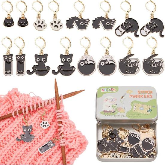 NBEADS 16 шт. Маркеры петель «Черный кот», Эмалированные маркеры петель для вязания крючком из сплава со съемной застежкой-рычажком из нержавеющей стали 304